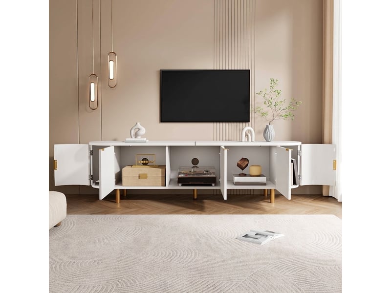  Meuble tv blanc 170 cm en mdf avec 5 portes à façade nervurée et bords arrondis  - Conforama D