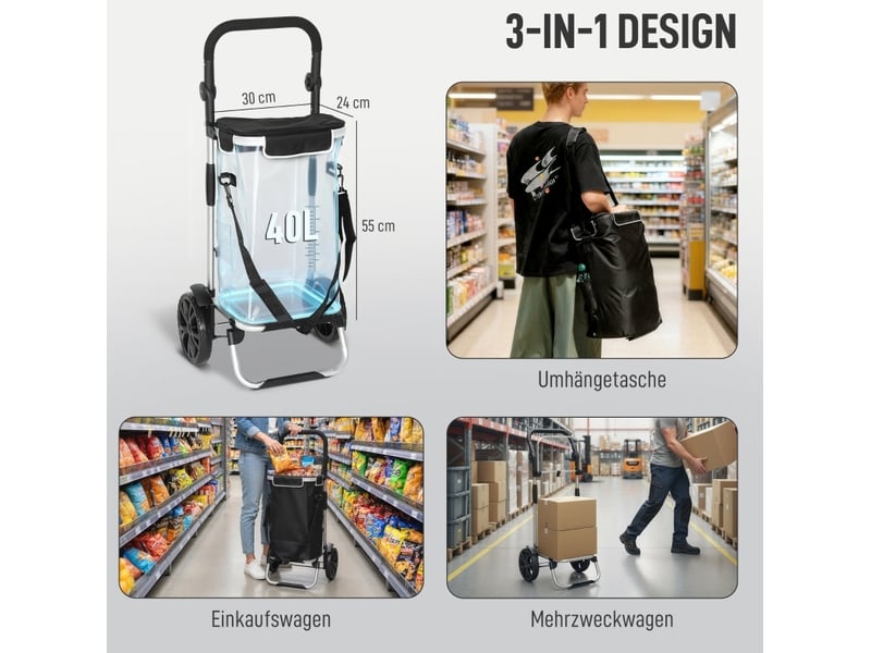  Chariot de courses pliable 3-en-1 noir 40 l avec compartiment isotherme, charge jusqu'à 25 kg au quotidien  - Conforama D