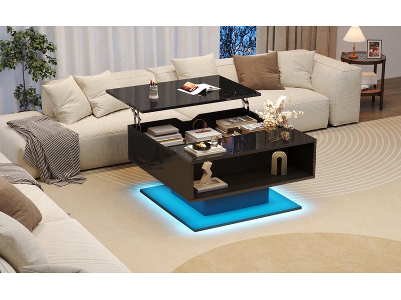  Table basse relevable 80x75x40 cm noire en panneaux de particules avec rangement dissimulé led et éclairage contrôlable par application evarich - Conforama B