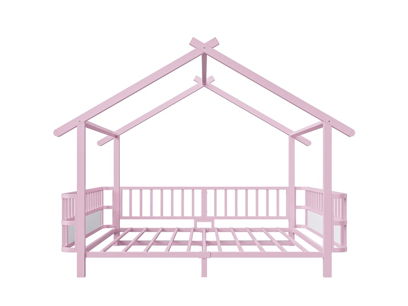  Lit enfant cabane avec garde-corps, métal rose, 140 x 200 cm, toit et cadre décoratif  - Conforama A