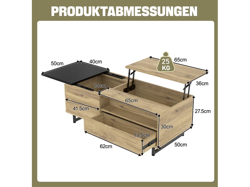  Table basse 103,5x50x27,5 cm avec led, tiroir, rangement caché, plateau réglable, bois d'ingénierie, naturel et noir  - Conforama C
