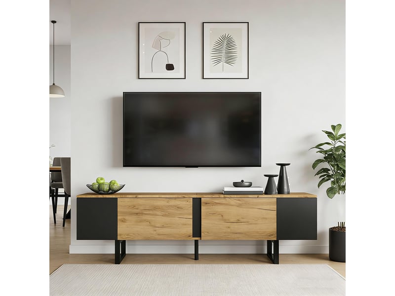  Meuble tv avec deux caissons latéraux et des étagères ouvertes, adapté aux téléviseurs de 75 pouces et moins, couleur naturelle  - Conforama B
