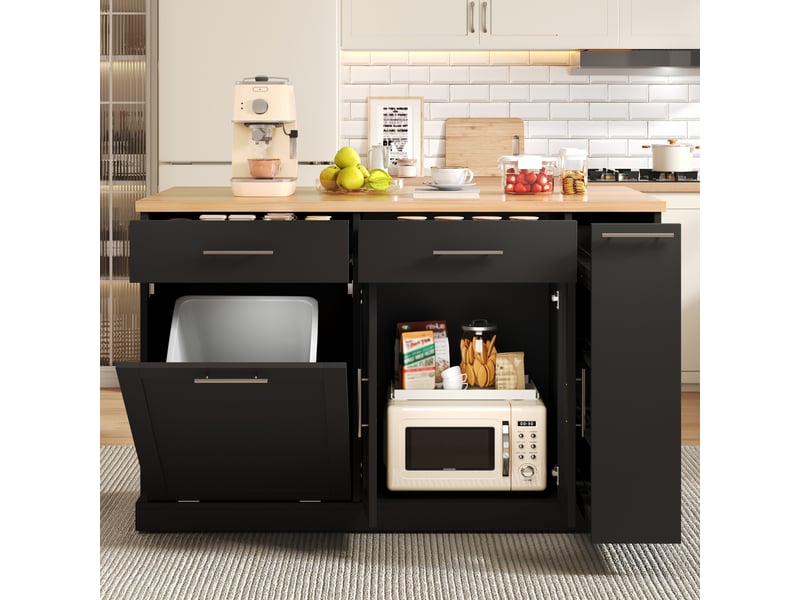  Desserte de cuisine avec 2 tiroirs, étagère 4 niveaux et compartiment poubelle, plateau rabattable 120×70×93 cm  - Conforama B