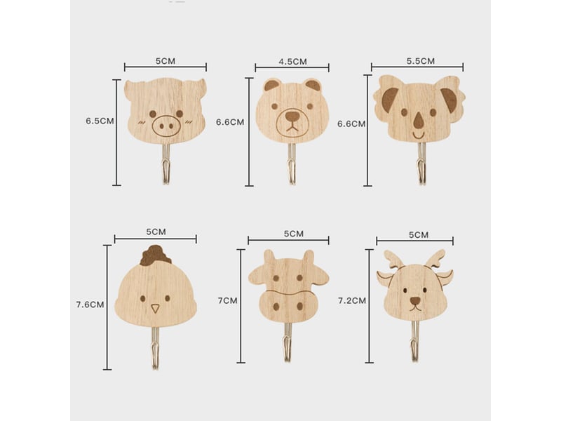  6 crochets animaux en bois, crochet adhésif sans percage, décoration enfant, chambre salle de bain cuisine, idéal pour sacs à dos, robe, marron  - Conforama D