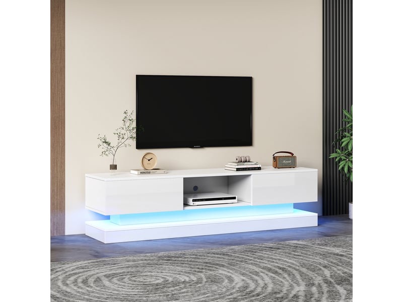  Meuble tv blanc brillant 160x35x40,5 cm avec led, 2 tiroirs, contrôle via app, anti-bascule  - Conforama E