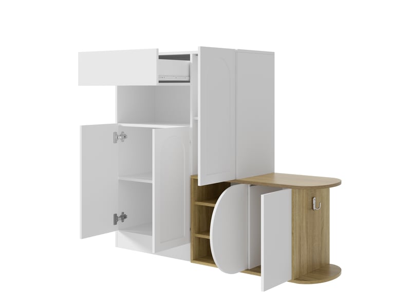 Meuble à chaussures 130x35x110,5 cm avec banquette, 5 portes, 1 tiroir et niche ouverte, grand rangement - Blanc et naturel Fay Lum - Conforama E