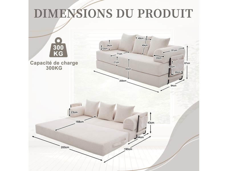  Canape modulaire 200 x 94 x 67 cm – beige – 3 places, poches de rangement et montage rapide  - Conforama C