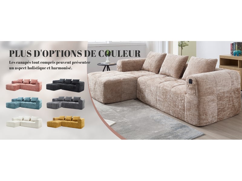  Canapé d'angle 3 places fixe en chenille kaki 250 x 158 x 60 cm, chaise longue réversible, 3 coussins, poches latérales W2845S00081 - Conforama R
