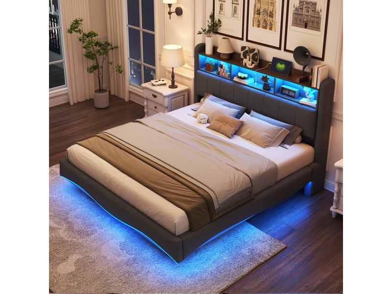 Lit double rembourré 160 x 200 cm effet flottant avec led, usbusb-c et rangement de tête de lit, tissu effet lin gris Fay Lum - Conforama D