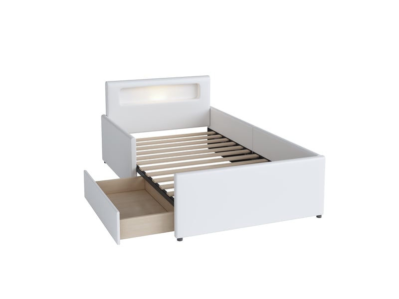  Lit enfant 90x200cm,lit avec rangement en simili cuir avec 1 tiroir,lumière led et port usb,blanc lit enfant blanc - Conforama E