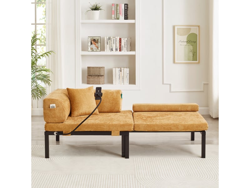 Canapé droit convertible 1 place en velours jaune, cadre en bois, lit simple escamotable et pliable, pour petits espaces - Conforama B