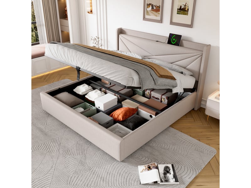  Lit coffre 140x200 cm avec tête de lit usb type-c, beige, sommier à lattes  - Conforama B