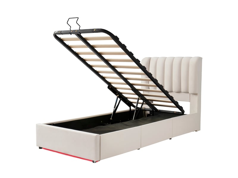  Lit coffre enfant avec mécanisme hydraulique à vérin à gaz, coffre de lit avec grand espace de rangement, 3 tiroirs, bande lumineuse led, revêtement en velours doux, lit capitonné beige, lit junior gain de place, 90 x 200 cm  - Conforama D