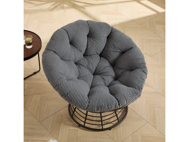  Fauteuil papasan en rotin marron pivotant 360° avec coussin gris côtelé  - Conforama E
