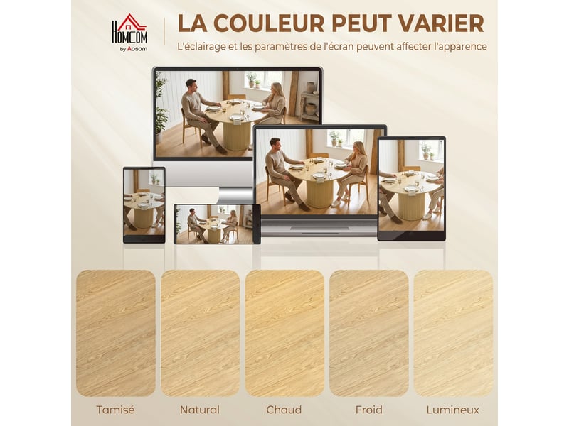  Table à manger ronde pour 4-6 personnes,  120 x 75 cm, bois naturel, table de cuisine avec base cylindrique cannelée  - Conforama W