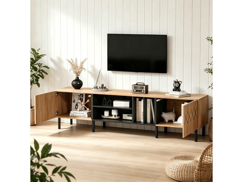  Meuble tv 180 cm pour téléviseur jusqu'à 70 pouces, meuble tv bois naturel et noir avec rangement fermé et quatre niches ouvertes  - Conforama B