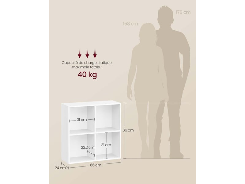  Bibliothèque cubique design épuré meuble de rangement 24 x 66 x 66 cm pour salon bureau salle à manger en aggloméré blanc 12_0012510  - Conforama B