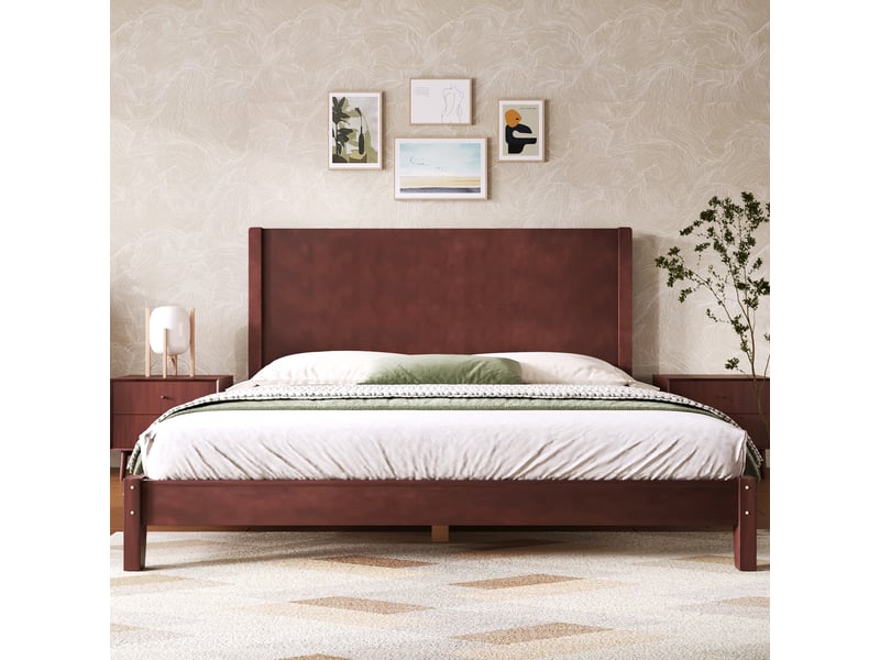Lit plateforme 160x200 avec tête de lit et sommier en bois massif marron - Conforama E