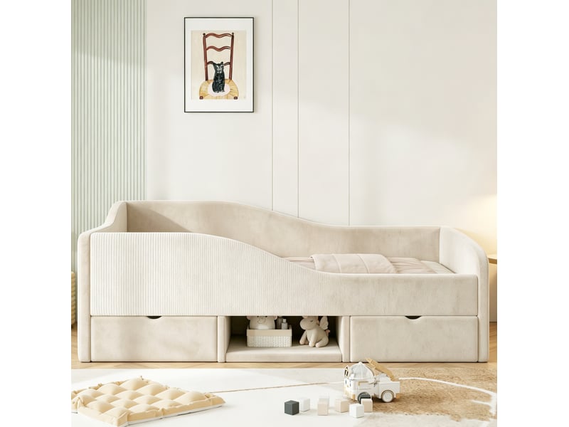 Lit enfant 90 × 190 cm avec 2 tiroirs, barrières de protection et rangements ouverts, en velours beige pour chambre - Conforama D