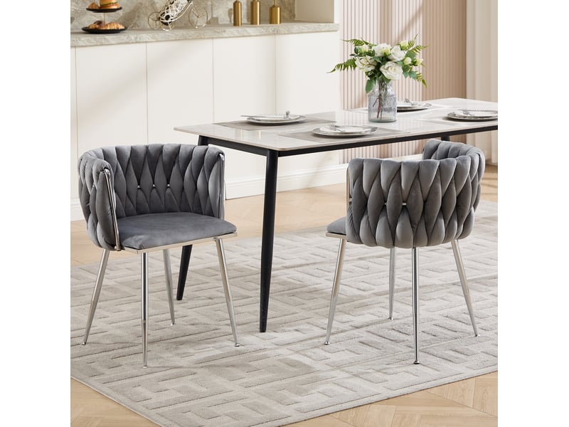  Chaise de salle à manger lot de 2 en velours avec dossier bas tressé et pieds argentés gris 55 × 48 × 75 cm  - Conforama D