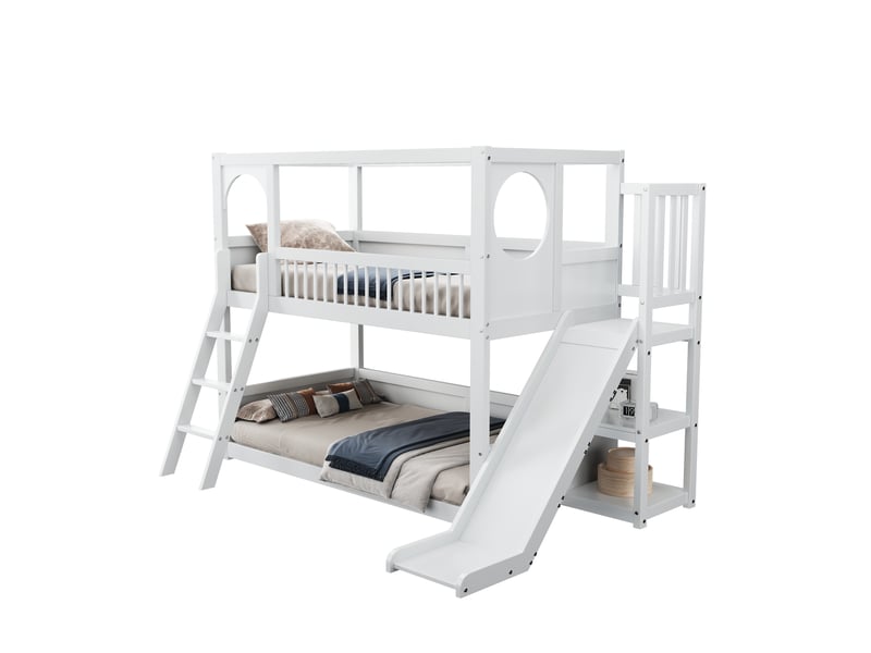Lit superposé enfant 90x200 cm blanc avec étagères toboggan ludique double couchage gain de place sans matelas déco moderne zen - Conforama A