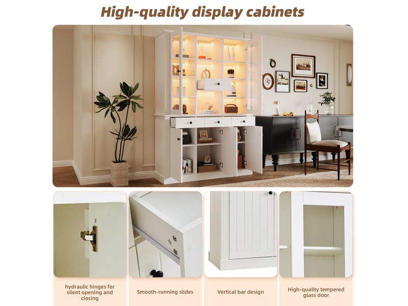  Vitrine blanche 119,5 x 40 x 180 cm avec led, 5 portes, 4 tiroirs, 21 espaces de rangement, mdf et verre trempé  - Conforama D
