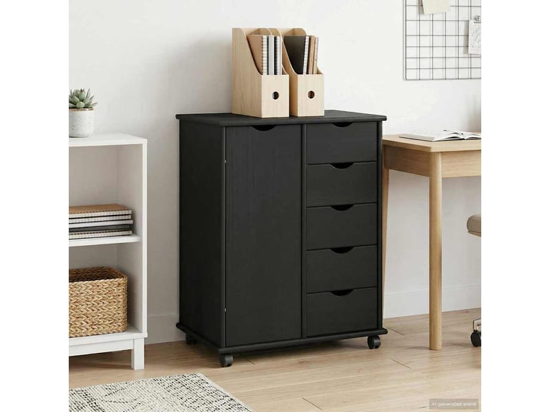 Caisson roulant de bureau, meuble de rangement 63,5 x 39 x 79 cm bois de pin massif noir - Conforama B
