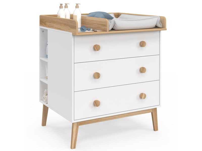  Commode à langer jacob blanc et bois 3 tiroirs, table à langer amovible et 2 étagères  - Conforama A