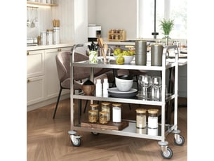 Chariot de service à 3 niveaux en acier inoxydable avec 4 roulettes, desserte de cuisine polyvalente, capacité 150 kg, 90x50x88 cm