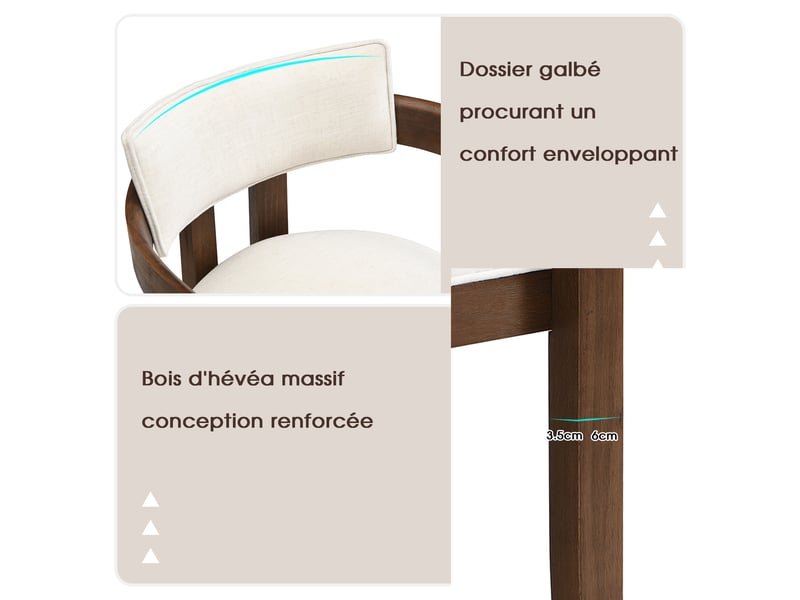  Lot de 6 chaises de salle à manger avec accoudoirs, bois massif noyer et lin, 57,5 x 60,5 x 78,5 cm  - Conforama D