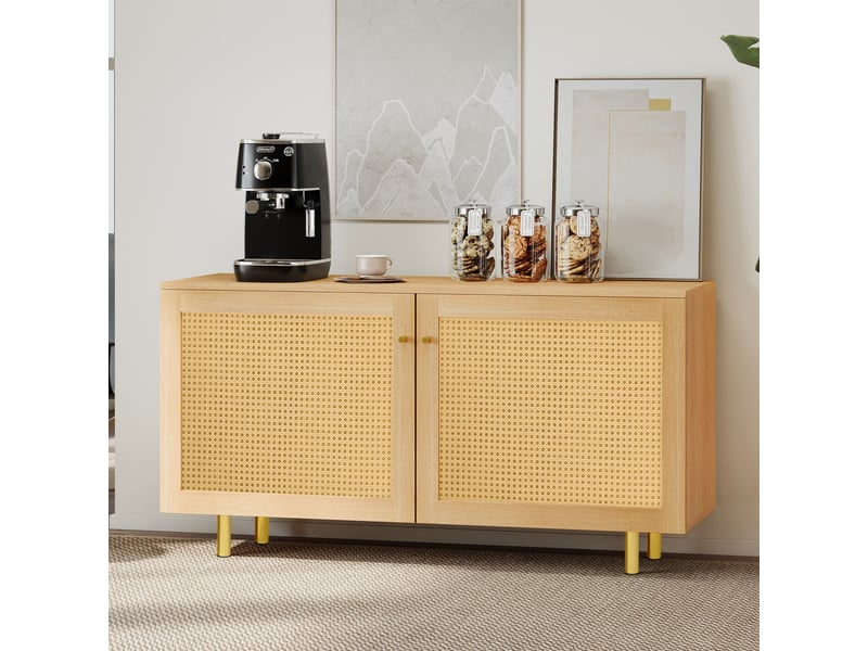  Buffet de rangement avec 2 portes en rotin et étagère intérieure, en mdf, naturel, 120 × 40 × 63 cm - uvrion  - Conforama C