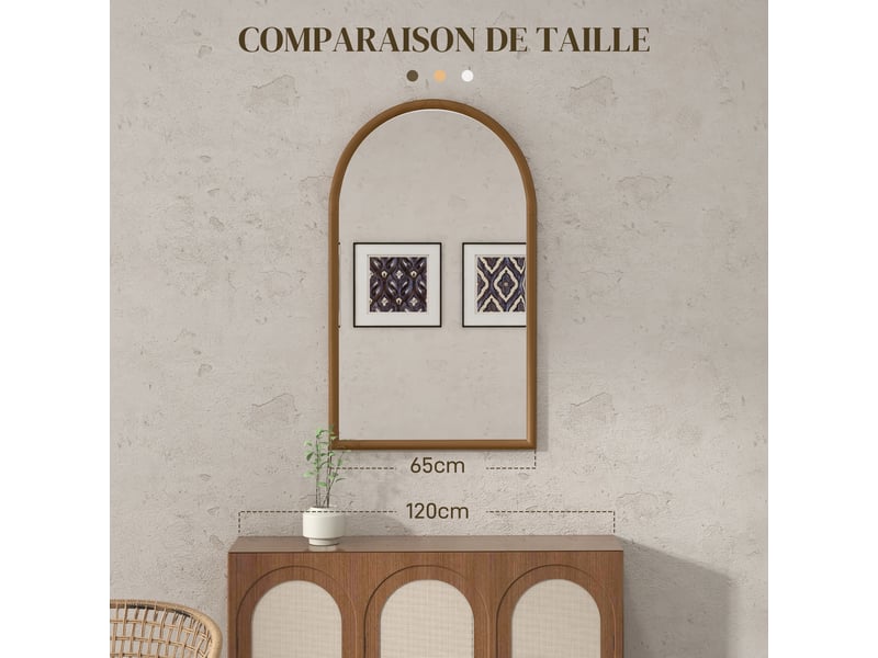  Miroir mural arche, 110 x 65 cm cadre en bois, miroir arqué pour le salon, la chambre, brun foncé, l'entrée  - Conforama R