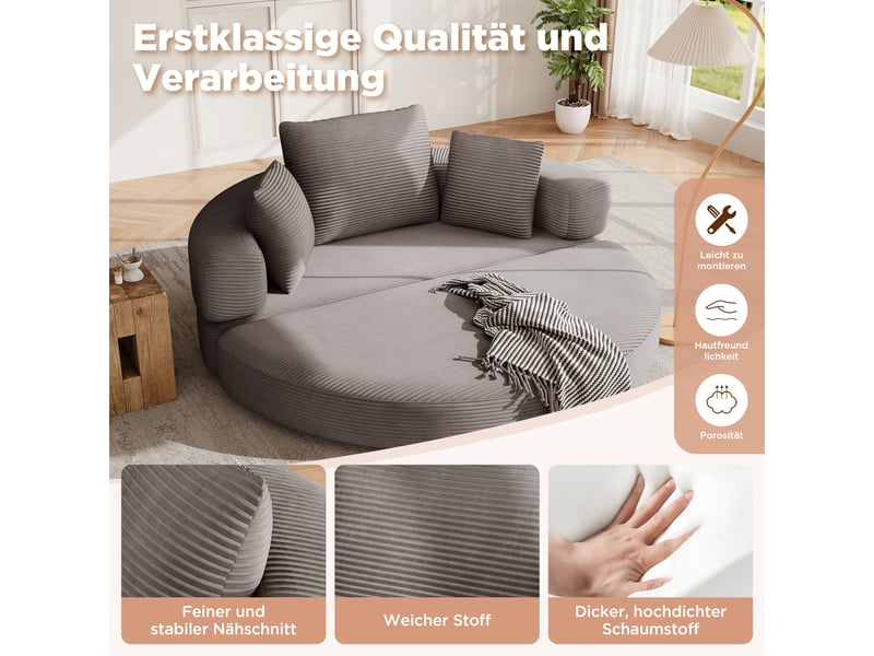  Canapé convertible 2 places en velours côtelé, 2-en-1, lit ovale 173×176 cm, sans montage, 3 coussins inclus  - Conforama D