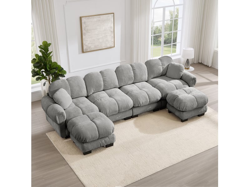 Canapé d’angle modulable 4 places modenvie, configuration en u ou en l, revêtement en chenille gris clair, 2 poufs mobiles, 330 x 149 x 90 cm  - Conforama B
