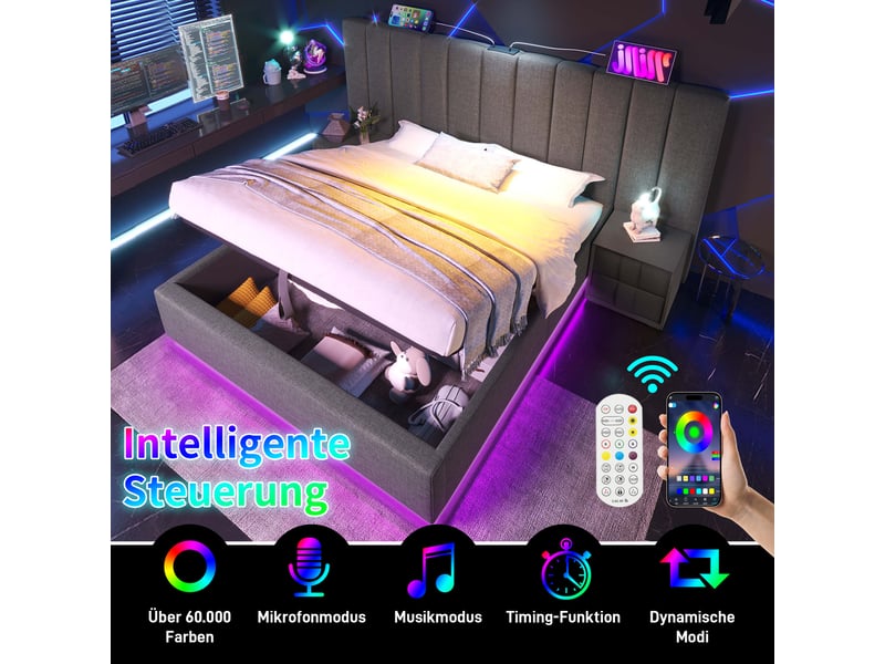 Lit double coffre 160x200 cm led connectée usb-c, lin gris avec sommier et matelas inclus - Conforama D