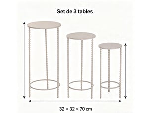 Set de 3 tables d'appoint rondes 32x32x70cm métal crème mat, entrée et bureau
