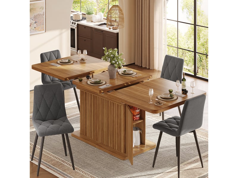  Table de salle à manger extensible 120-160x80x76 cm avec rangement dissimulé, rayures verticales en relief, design moderne aspect bois - marron foncé  - Conforama E