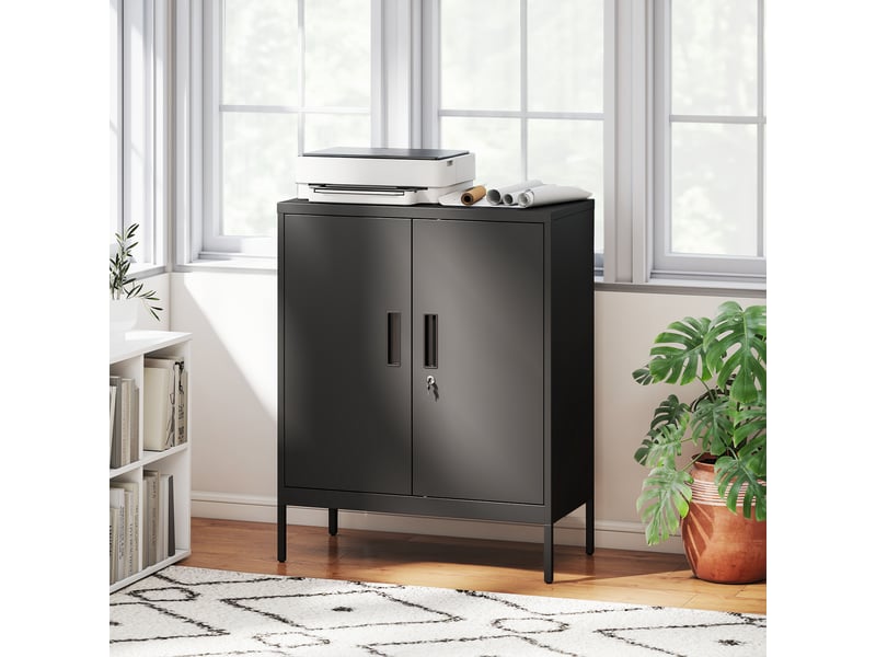  Armoire de bureau métallique, 80 x 40 x 100 cm, meuble de rangement, serrure, noir, 2 portes et 2 étagères réglables  - Conforama D