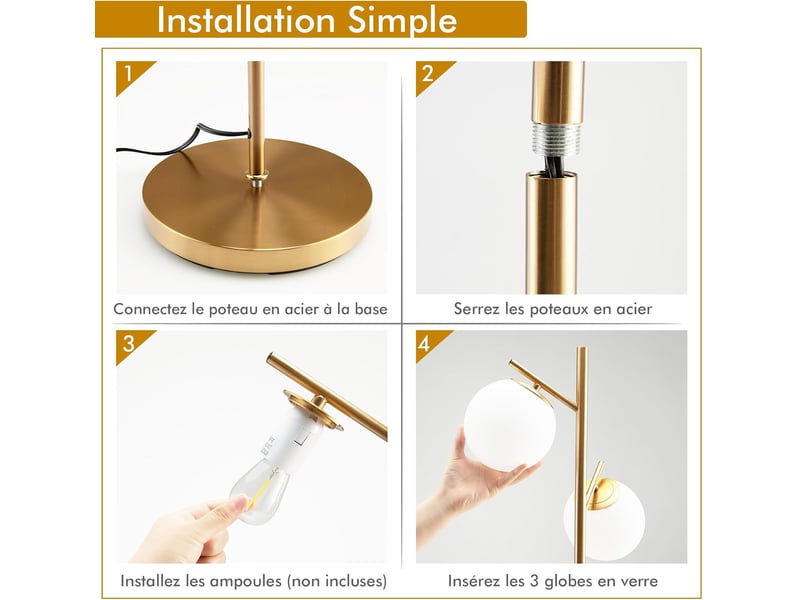 Costway lampadaire à 3 globes, lampe sur pied moderne avec interrupteur à pied et poteau métallique, 3 culots d'ampoule e27, pour salon, chambre, bureau, doré  - Conforama R