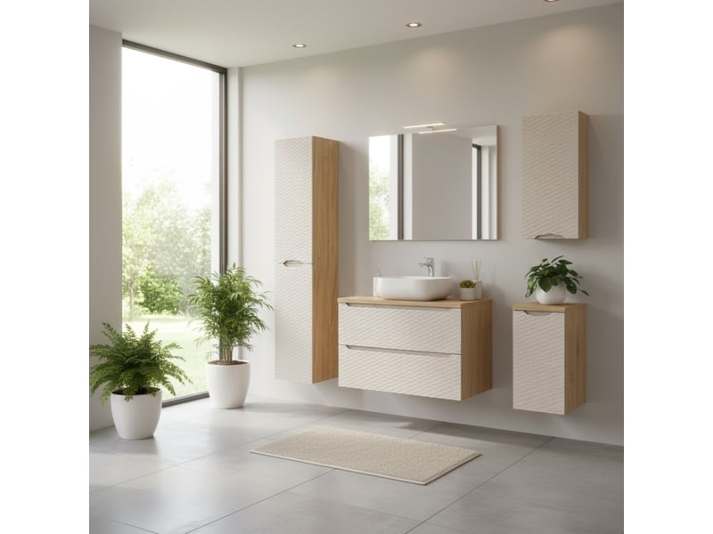  Salle de bain yoka beige : meuble sous vasque + plan pour vasque + vasque + colonne de rangement + 2 meubles de rangements  - Conforama B