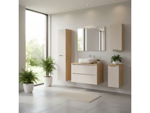 Salle de bain yoka beige : meuble sous vasque + plan pour vasque + vasque + colonne de rangement + 2 meubles de rangements