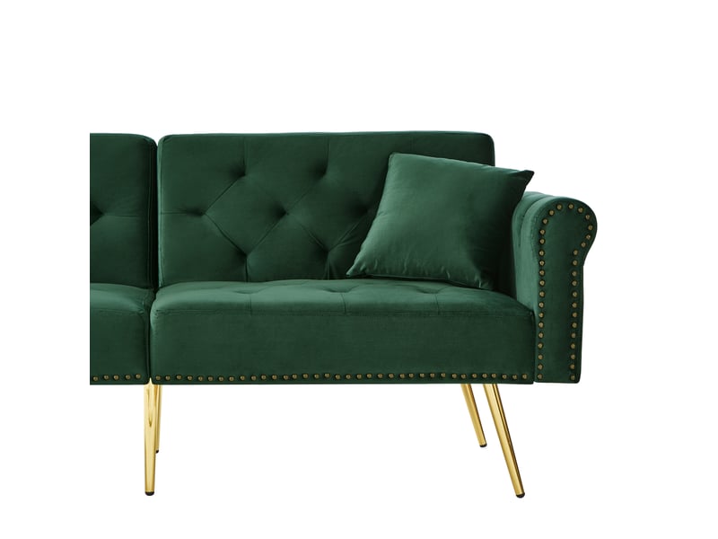 Canapé convertible 2 places velours vert antique, dos inclinable 3 positions, pieds métal doré, rangement sous assise, design contemporain salon - Conforama R