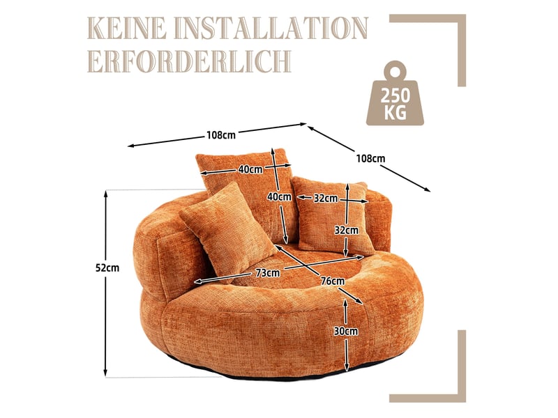 Fauteuil poire xxl 108 cm avec dossier haut et 3 coussins-côtelé orange - Conforama C