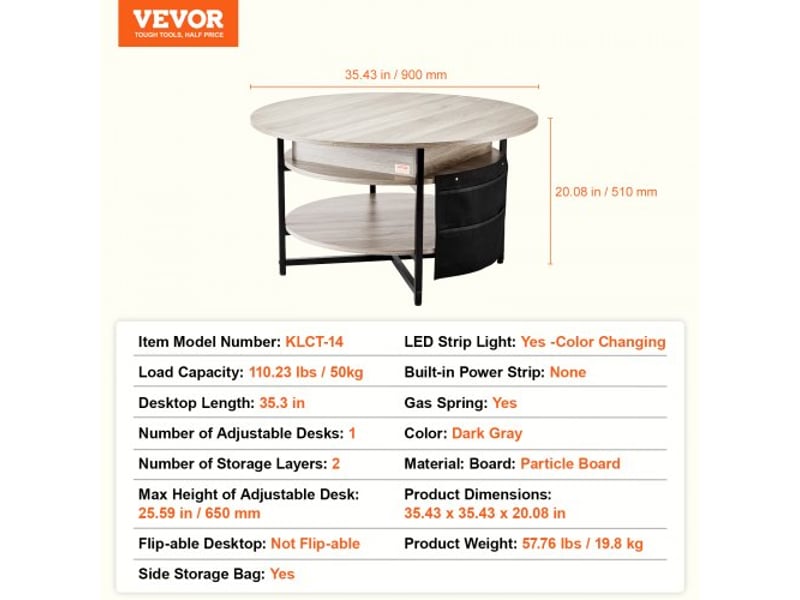  Table basse avec plateau relevable, 900 x 900 x 510 mm, table basse de salon ronde avec poches de rangement supplémentaires, capacité de 50 kg, table basse pop-up pour le salon, gris foncé  - Conforama D