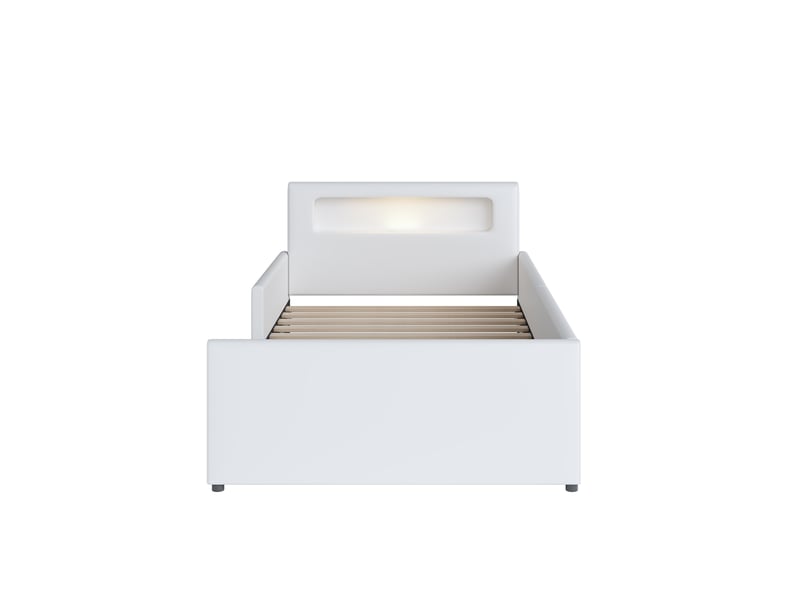 Lit enfant 90x200 cm avec led, tiroir, port usb, sommier, cuir artificiel blanc, sans matelas - Conforama E