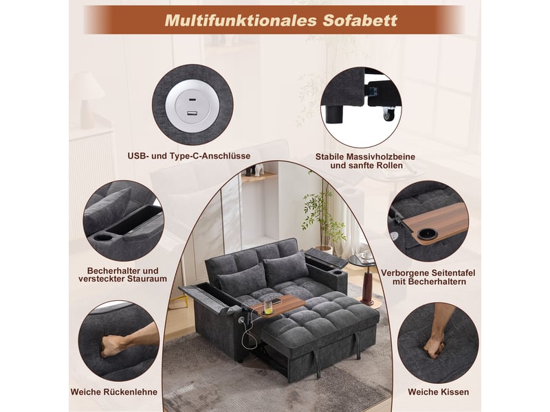  Canapé convertible - canapé-lit 3 en 1, canapé-lit gigogne avec dossier réglable, port usb, canapé 2 places, canapé lounge, gris  - Conforama W