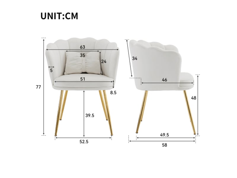  Lot de 4 chaises de salon, chaise rembourrée avec dossier en pétale, pieds en métal plaqué or et coussin papillon, beige, en velours  - Conforama D