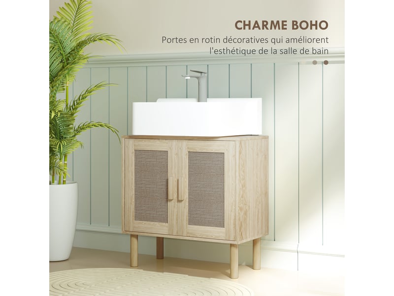  Meuble sous lavabo 60 x 30 x 60 cm, portes en rotin, découpe en u, effet chêne  - Conforama W
