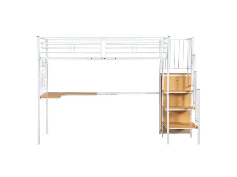  Lit mezzanine 90x200 cm avec bureau, lit surélevé gain de place avec armoire et escalier pour enfant adolescent, métal et bois mdf, blanc et naturel  - Conforama D