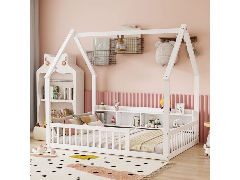  Lit cabane enfant 140x200 cm blanc au sol, toit maison, 4 niches de rangement, garde-corps périphériques et large entrée, cadre en pin et mdf  - Conforama B